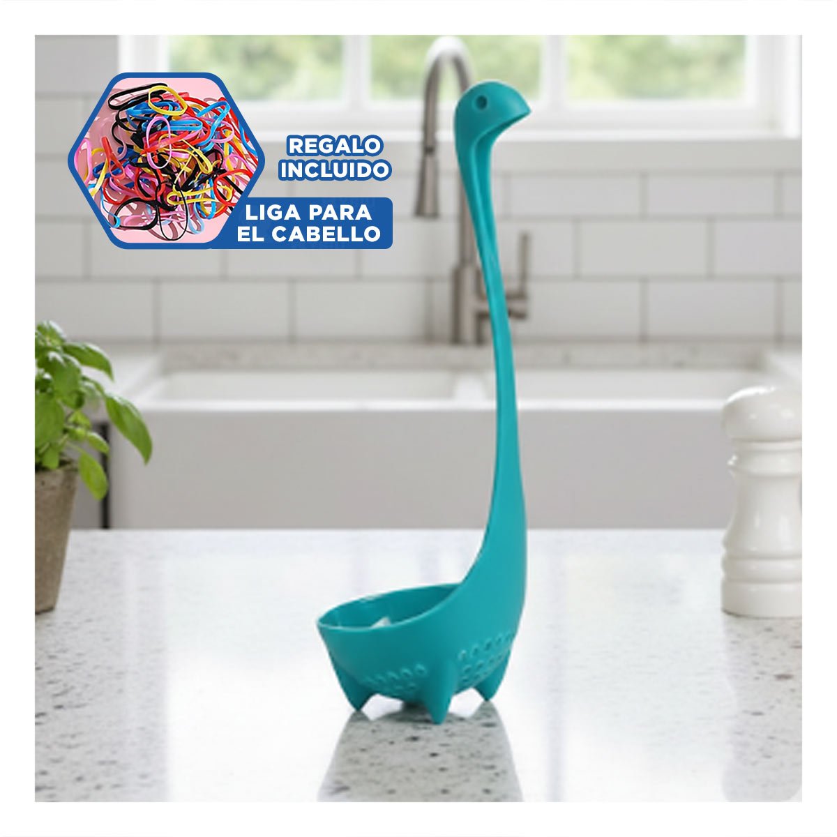 CUCHARON GRANDE DINO VERDE AGUA 9X25CM UTENSILIO RESISTENTE PARA COCINA HOGAR YLIGAS REGALO - 2