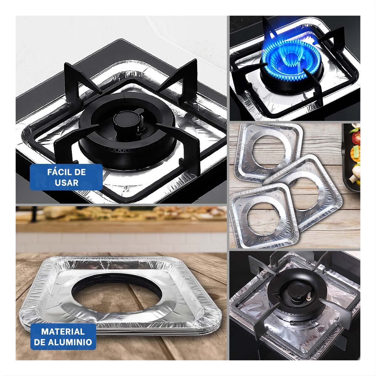 FORRO ALUMINIO HORNILLA CUADRADO 5PZS PLATEADO FACIL DE LIMPIAR YLIGAS REGALO - 1