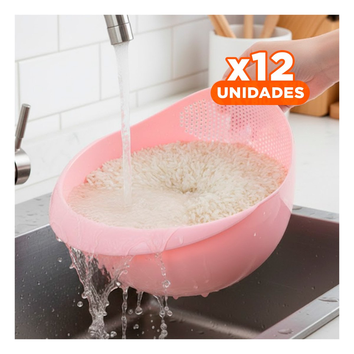 PACK12 CESTA ESCURRIDORA DE ARROZ ROSADO 22,5X11CM PARA COCINA HOGAR MODERNA YREGALO STICKER - 1
