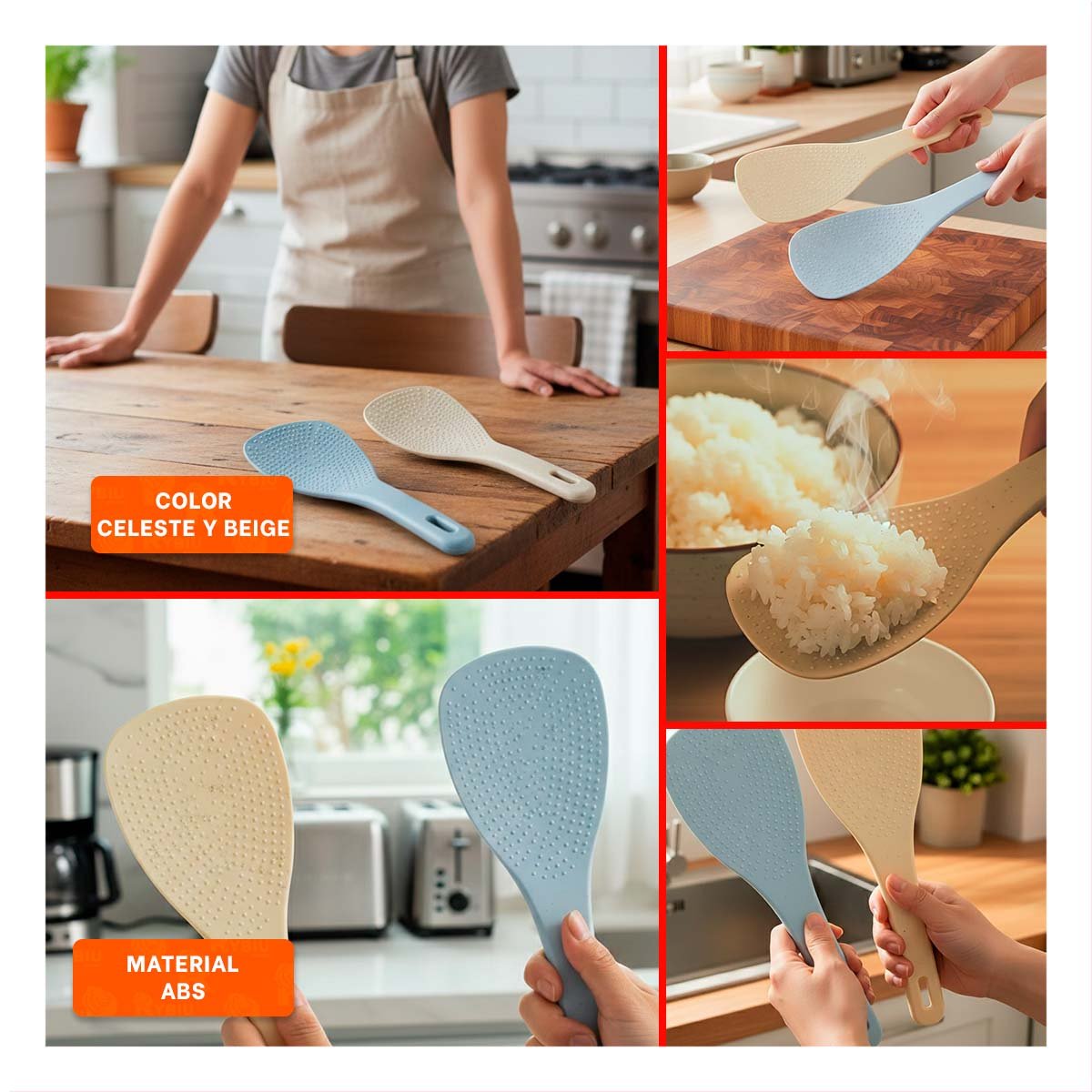 PACK12 UTENSILIO COCINA VERSATIL CELESTE Y BEIGE PARA ARROZ HOGAR FACIL LIMPIEZA - 2
