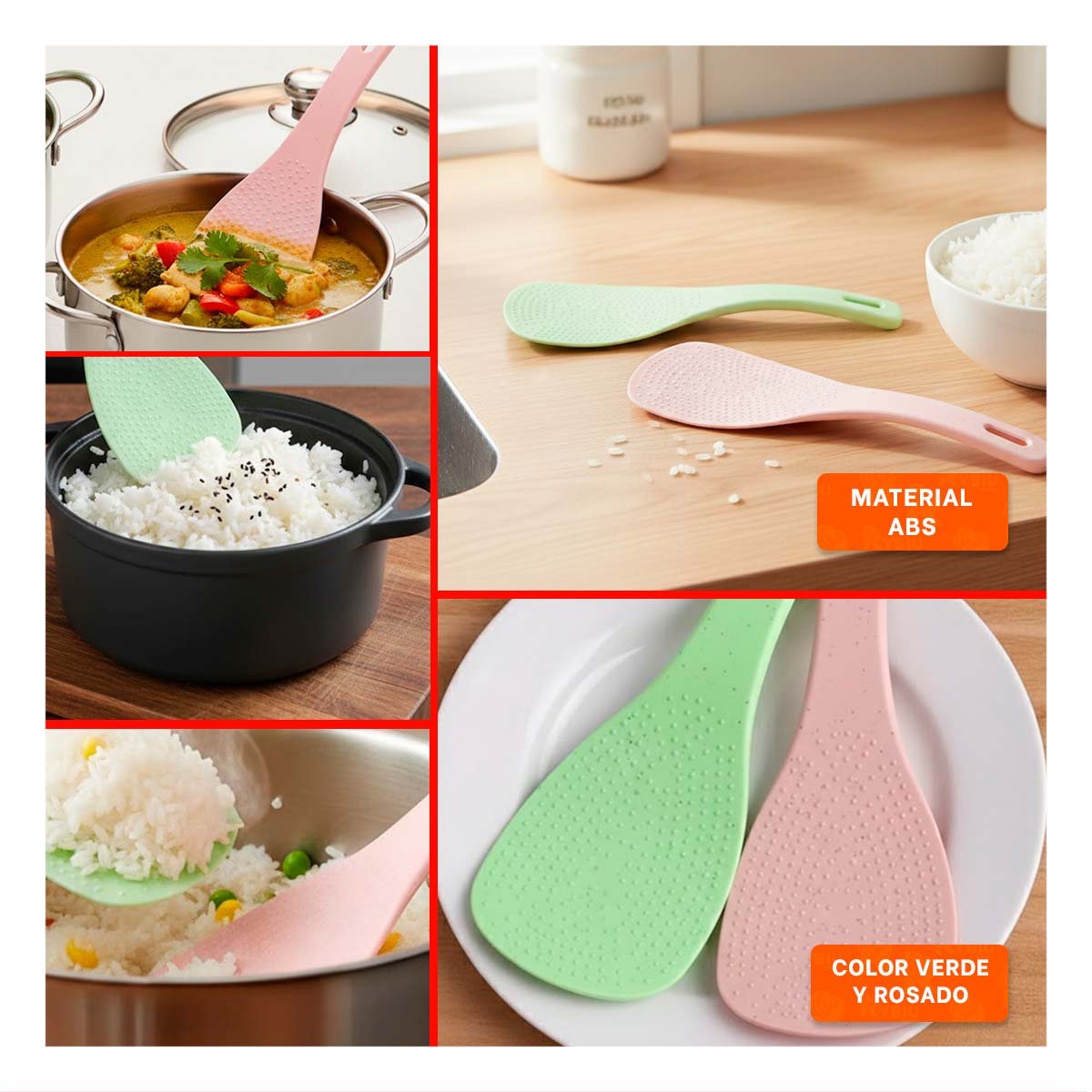 PACK4 CUCHARA SERVIR ROSADO Y VERDE CLARO PARA ARROZ COCINA HOGAR MATERIAL YREGALO STICKER - 2