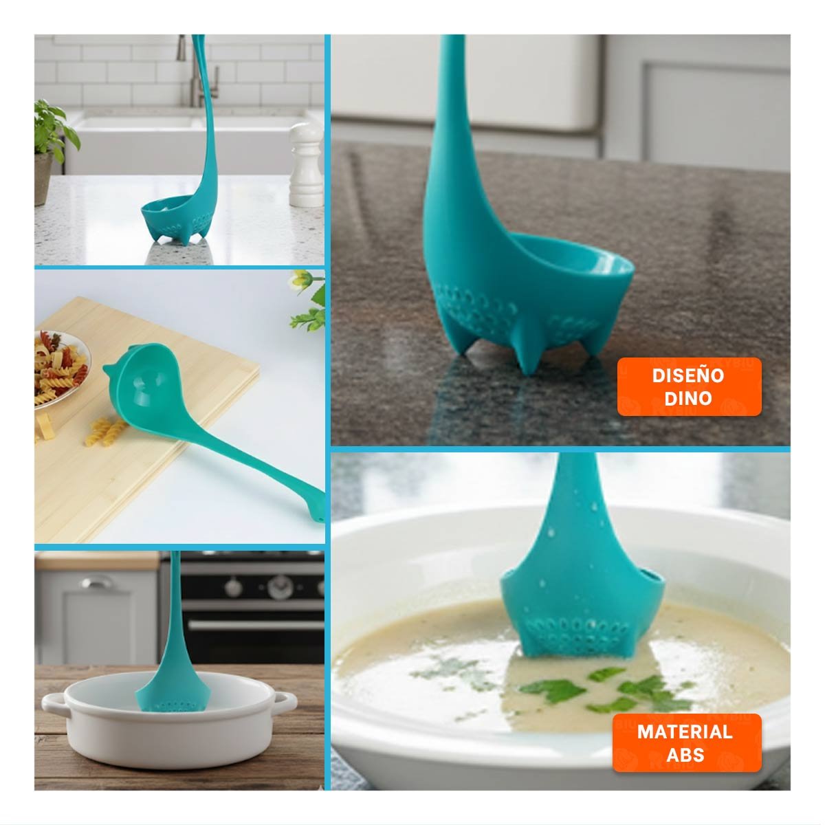 PACK4 HERRAMIENTA DINO VERDE AGUA 9X25CM UTENSILIO DE COCINA HOGAR FACIL YREGALO STICKER - 2
