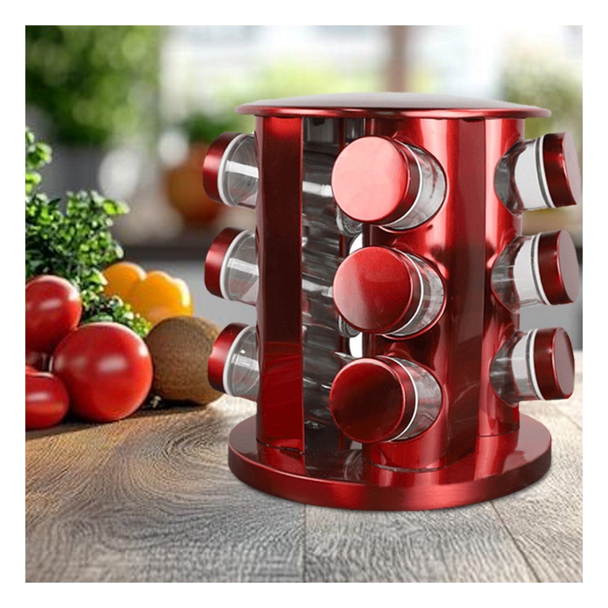SOPORTE GIRATORIO CIRCULAR ROJO CON 12 FRASCOS FACIL DE USAR PARA HOGAR YREGALO STICKER - 3