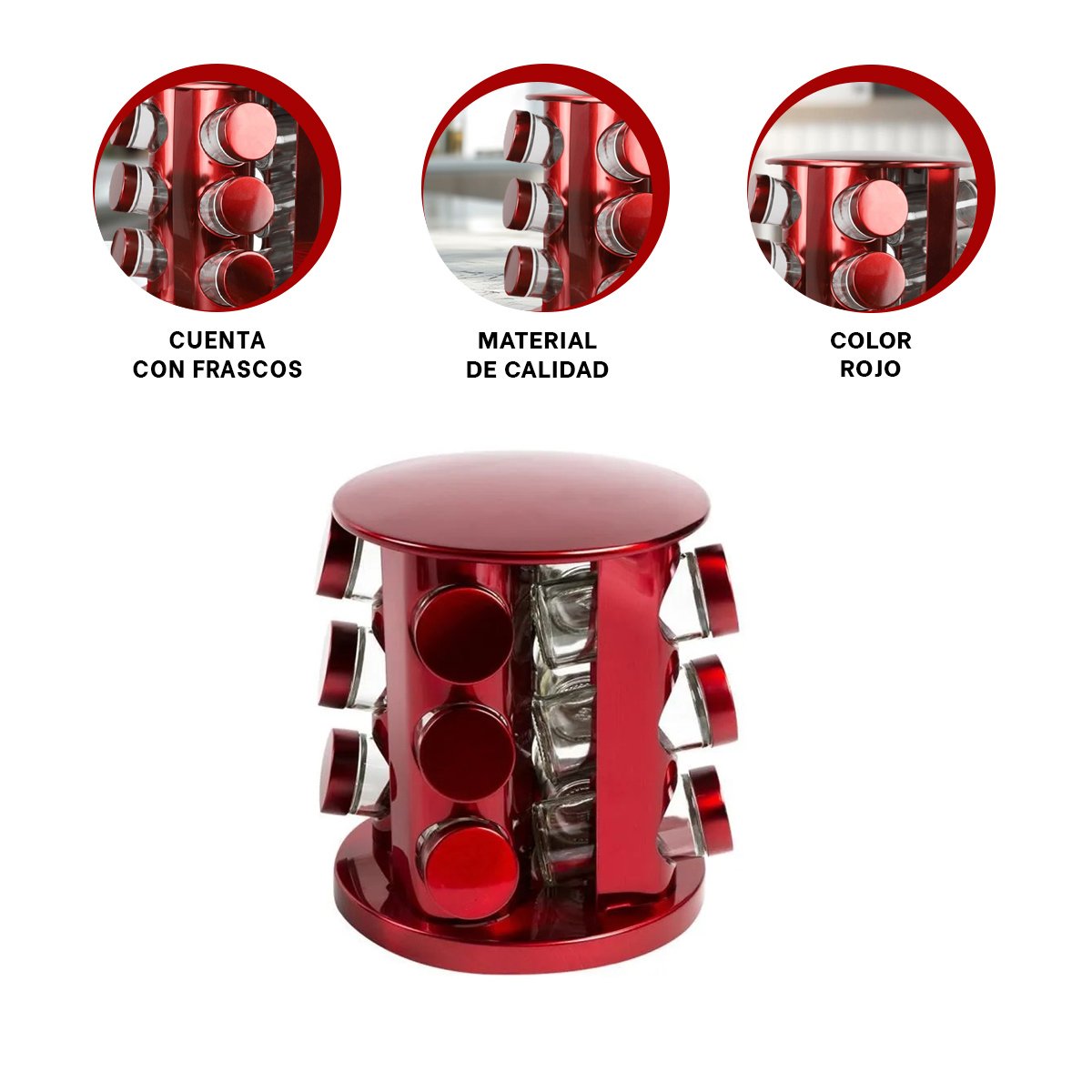 PORTA CONDIMENTOS CIRCULAR ROJO CON 12 FRASCOS IDEAL PARA ORGANIZAR ESPECIAS YPAPEL REGALO - 5