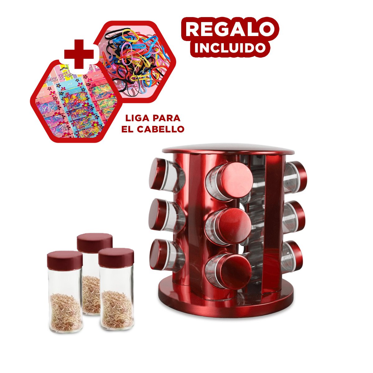 SET CONDIMENTERO CIRCULAR ROJO CON 12 FRASCOS RESISTENTE PARA USO DIARIO YLIGAS REGALO - 2