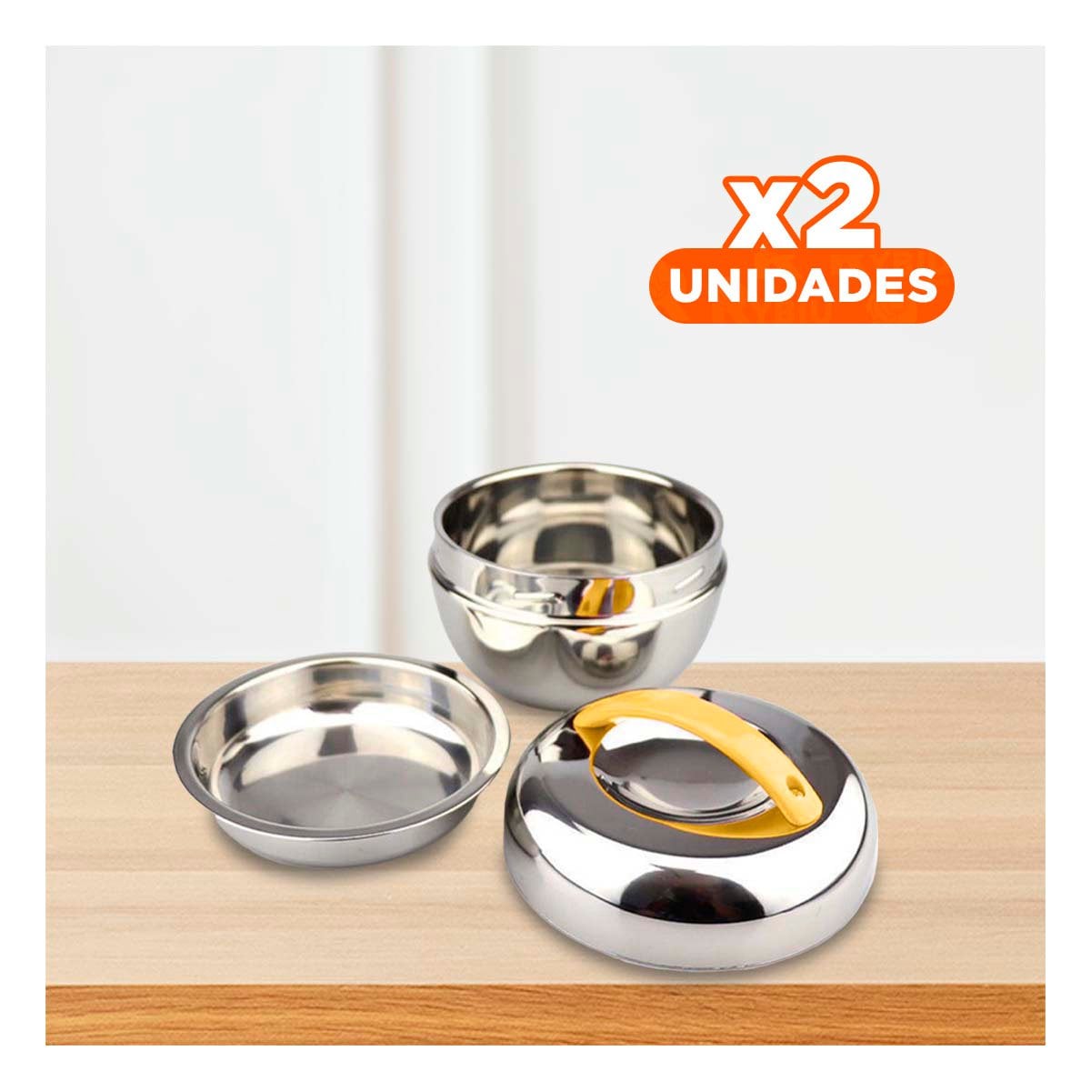 PACK2 RECIPIENTE TERMO AMARILLO Y PLOMO CIRCULAR LIGERO PARA TRANSPORTAR COMIDAS YPAPEL REGALO - 1