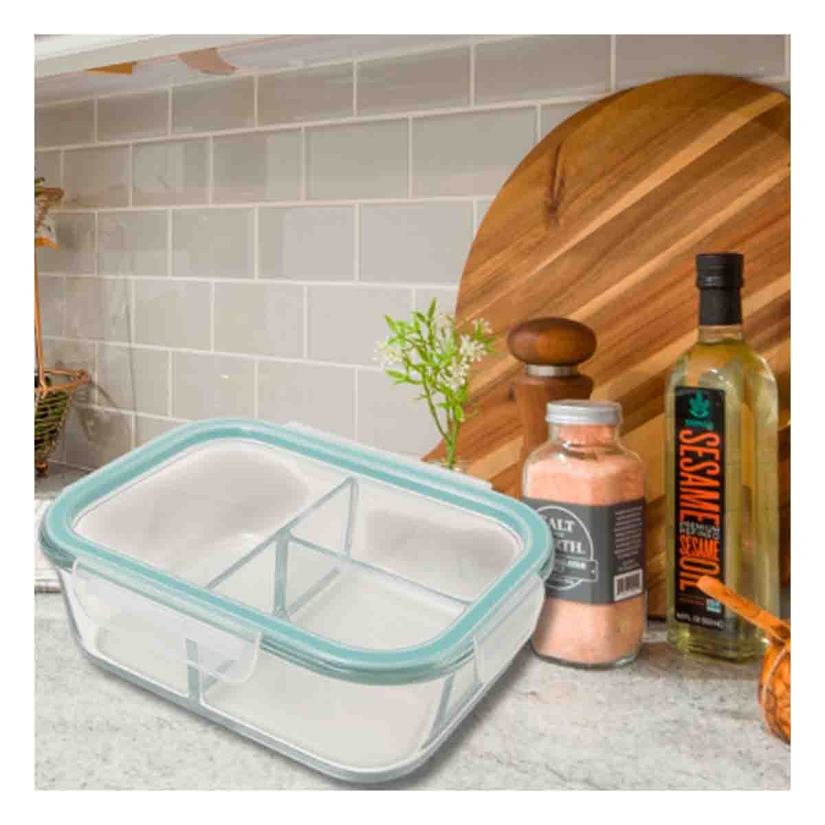 CONTENEDOR DE VIDRIO RESISTENTE CON DIVISIONES 1040 ML TRANSPARENTE LINEA CELESTE YPOST IT - 1