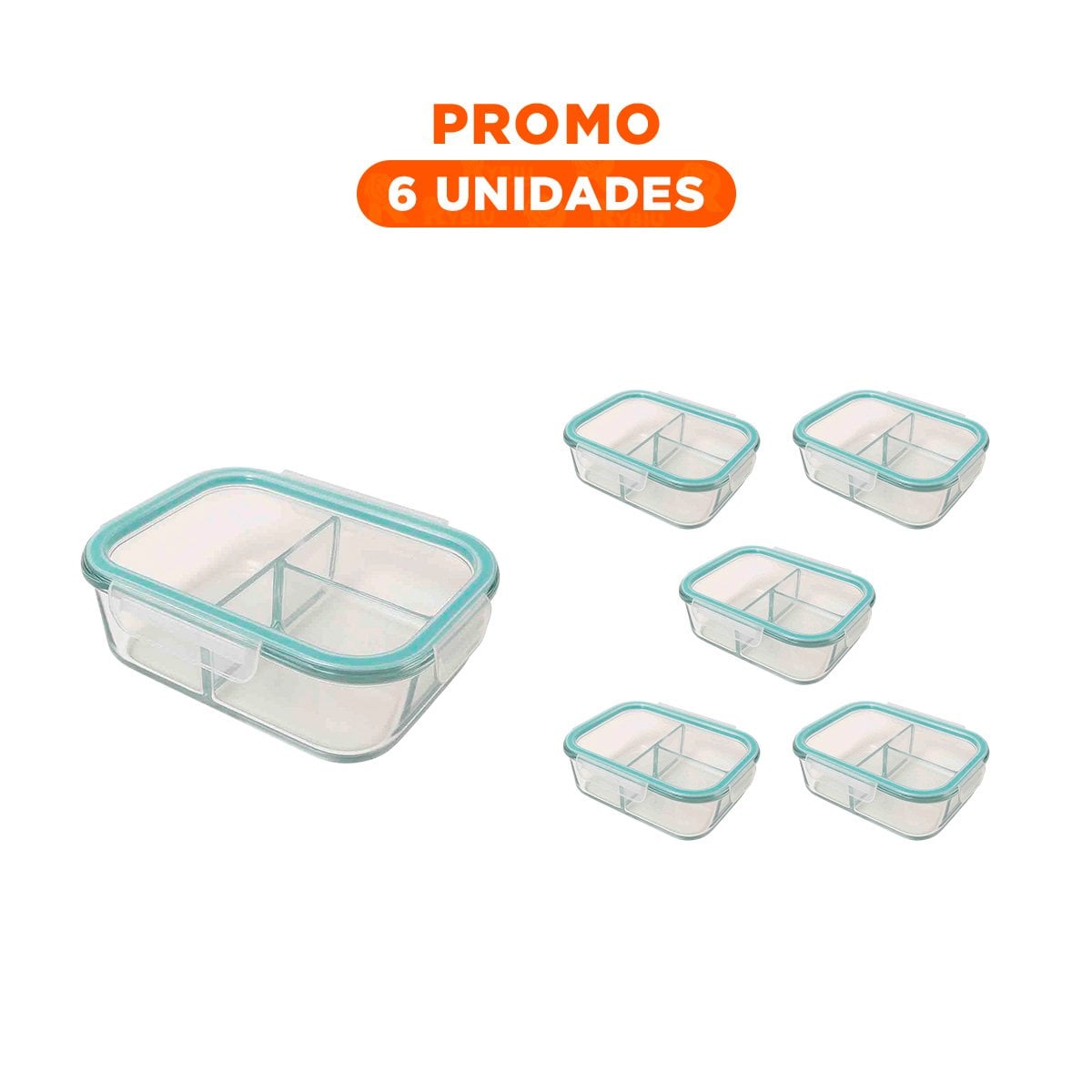PACK6 RECIPIENTE DE VIDRIO Y ORGANIZACION INTERNA 1040 ML LINEA CELESTE YREGALO STICKER - 1