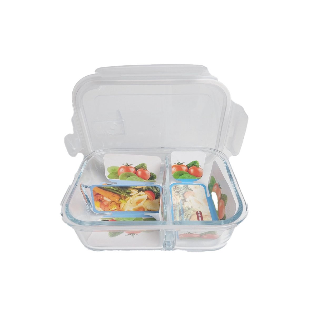 PACK2 CONTENEDOR DE VIDRIO TRANSPARENTE 1040ML CON TRES COMPARTIMENTOS YREGALO STICKER - 2