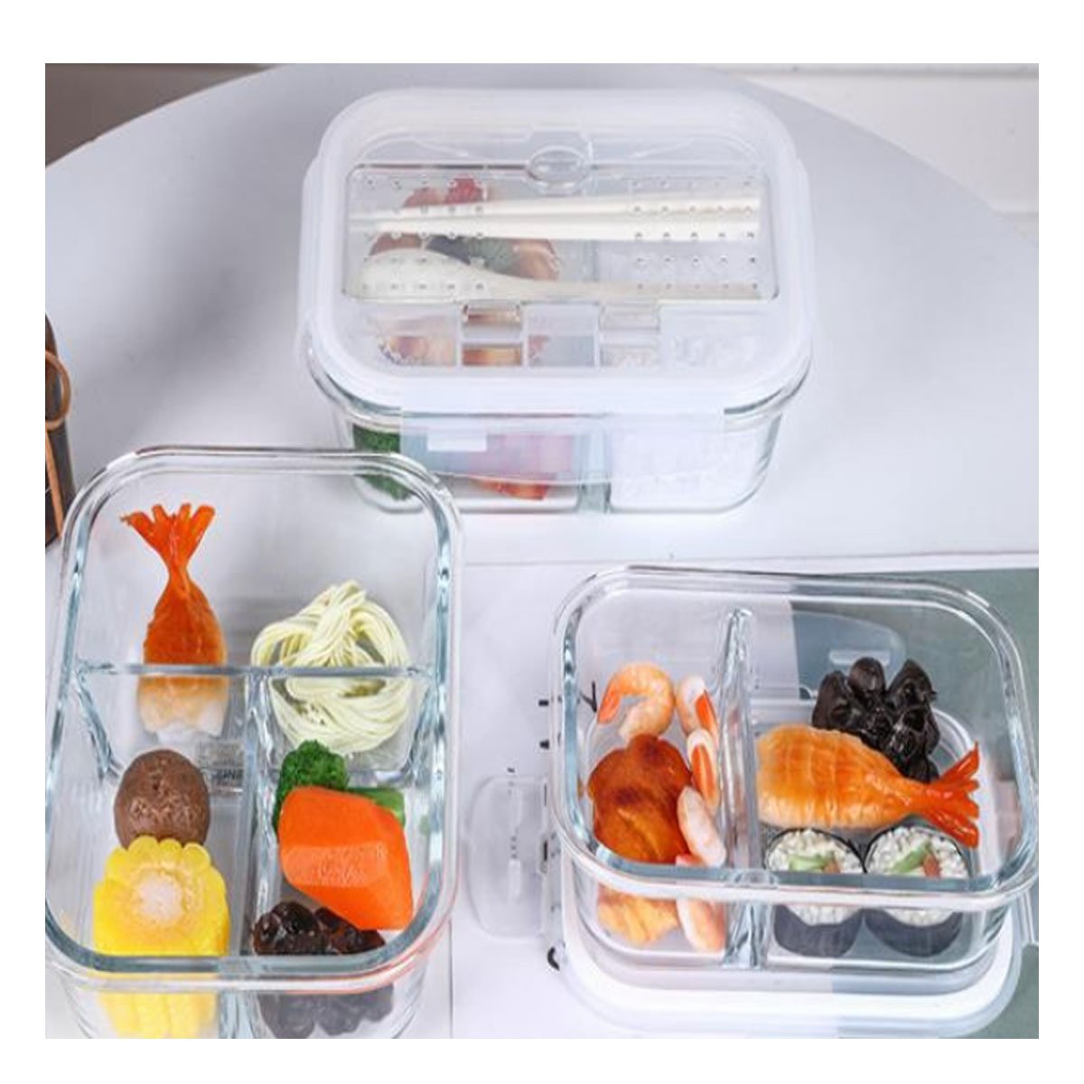 PACK2 CONTENEDOR DE VIDRIO TRANSPARENTE 1040ML CON TRES COMPARTIMENTOS YREGALO STICKER - 3