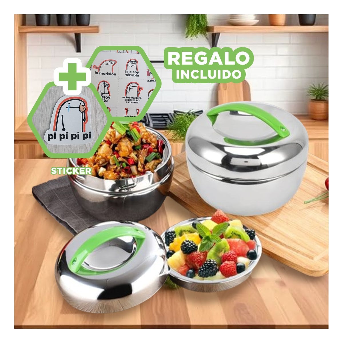 ENVASE CIRCULAR 1L ACERO VERDE Y PLATEADO PRACTICO PARA GUARDAR ALIMENTOS YREGALO STICKER - 1
