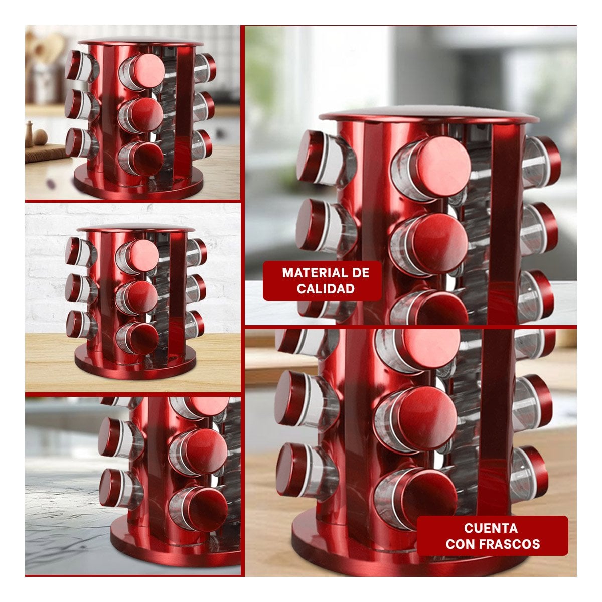 CONDIMENTERO GIRATORIO CIRCULAR ROJO CON 12 FRASCOS PRACTICO Y FUNCIONAL PARA COCINA - 2