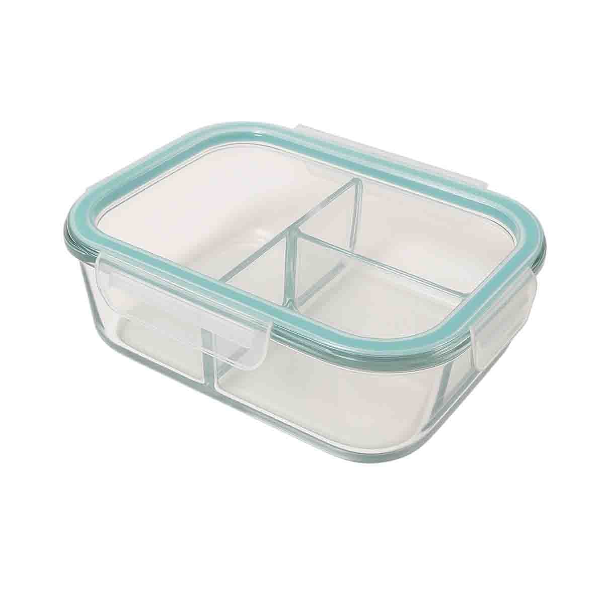 ENVASE DE VIDRIO CON TAPA SEGURA Y DIVISIONES 1040 ML CON LINEA CELESTE YREGALO STICKER - 1