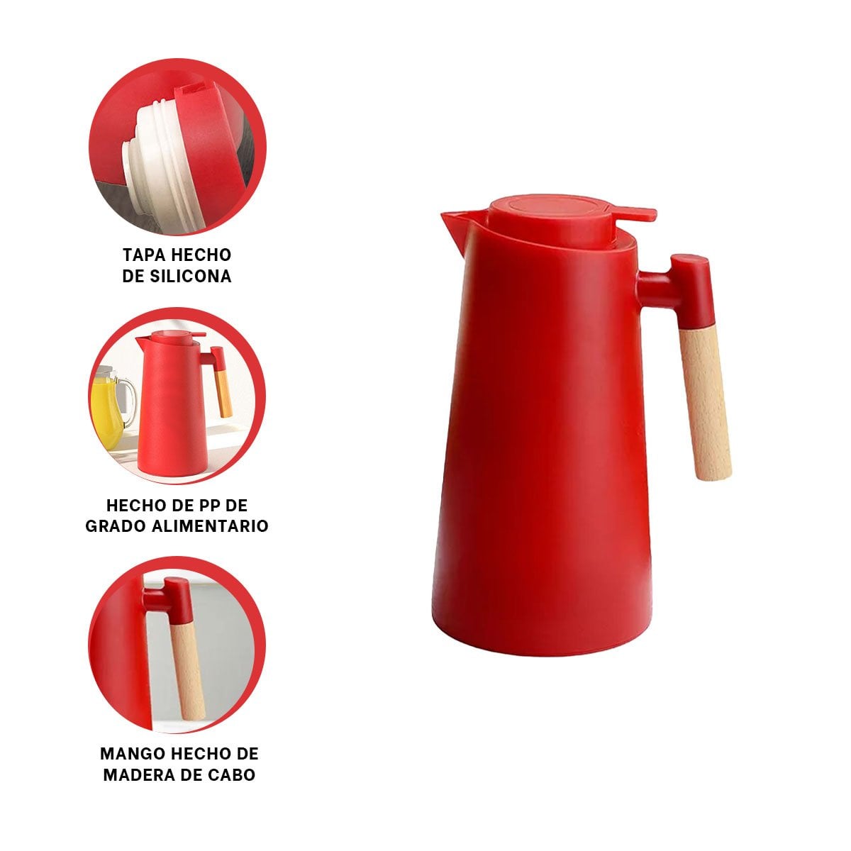 JARRA TERMO 1L COLOR ROJO CON MANGO DE MADERA PARA HOGAR Y COCINA YPOST IT - 5