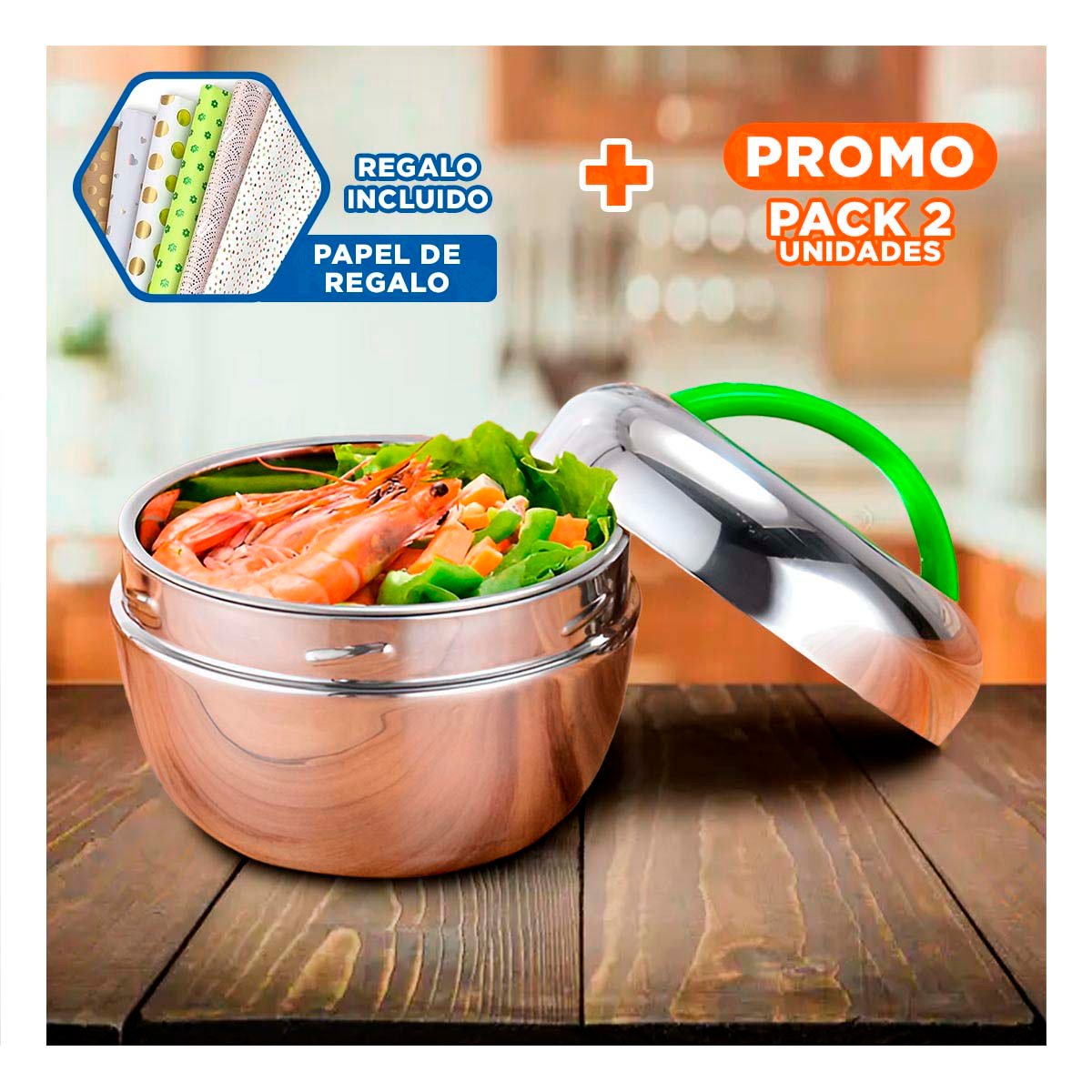 PACK2 TAPER CIRCULAR 1L ACERO VERDE Y PLATEADO CON DISENO MODERNO PARA COCINA YPAPEL REGALO - 1