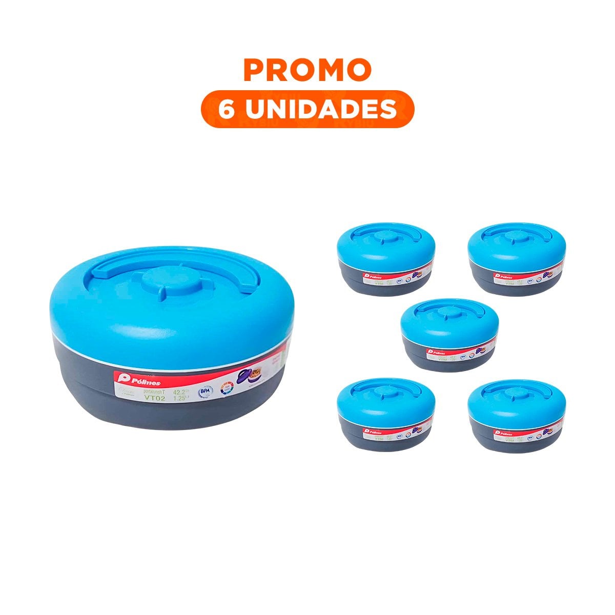 PACK6 LONCHERA CIRCULAR 1.25L CELESTE Y PLOMO FUNCIONAL Y COMODA YREGALO STICKER - 1