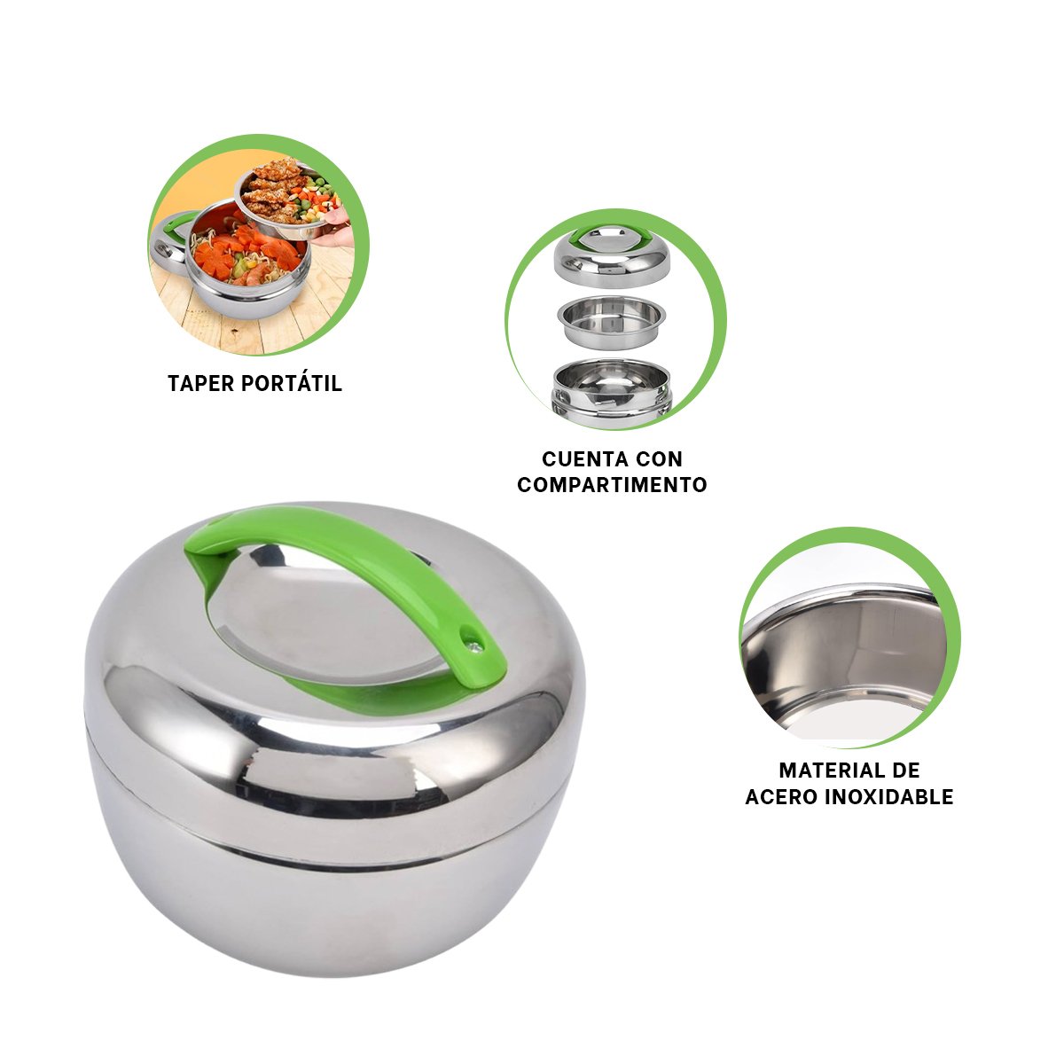 TAPER CONTENEDOR CIRCULAR 1L ACERO VERDE Y PLATEADO PARA HOGAR Y COCINA - 3