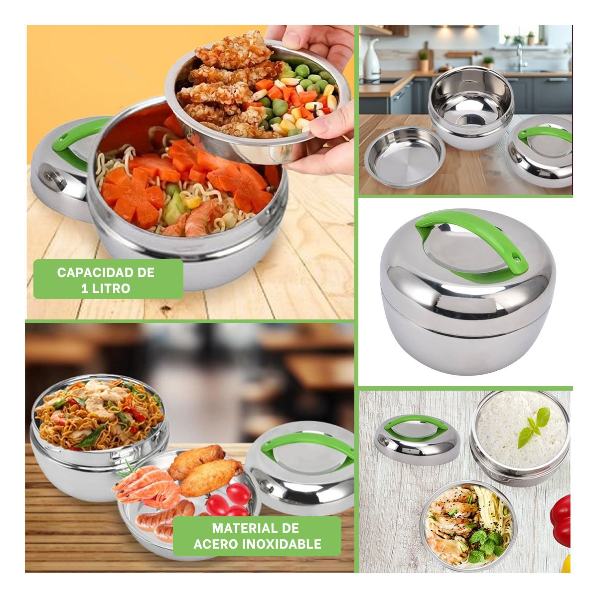 TAPER CONTENEDOR CIRCULAR 1L ACERO VERDE Y PLATEADO PARA HOGAR Y COCINA - 5