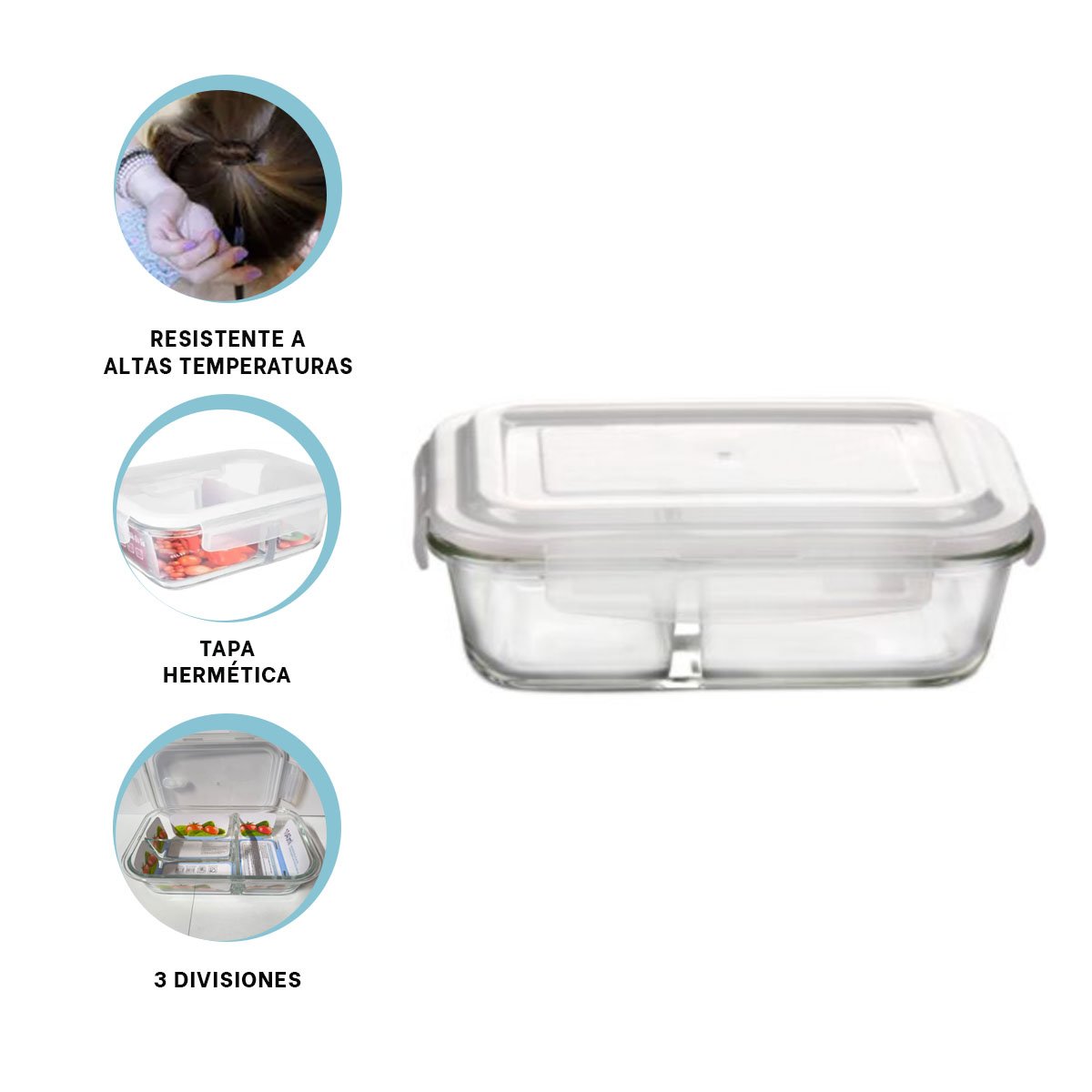 TAPER DE VIDRIO TRANSPARENTE 1040ML CON 3 COMPARTIMENTOS LINEA BLANCA YLIGAS REGALO - 5