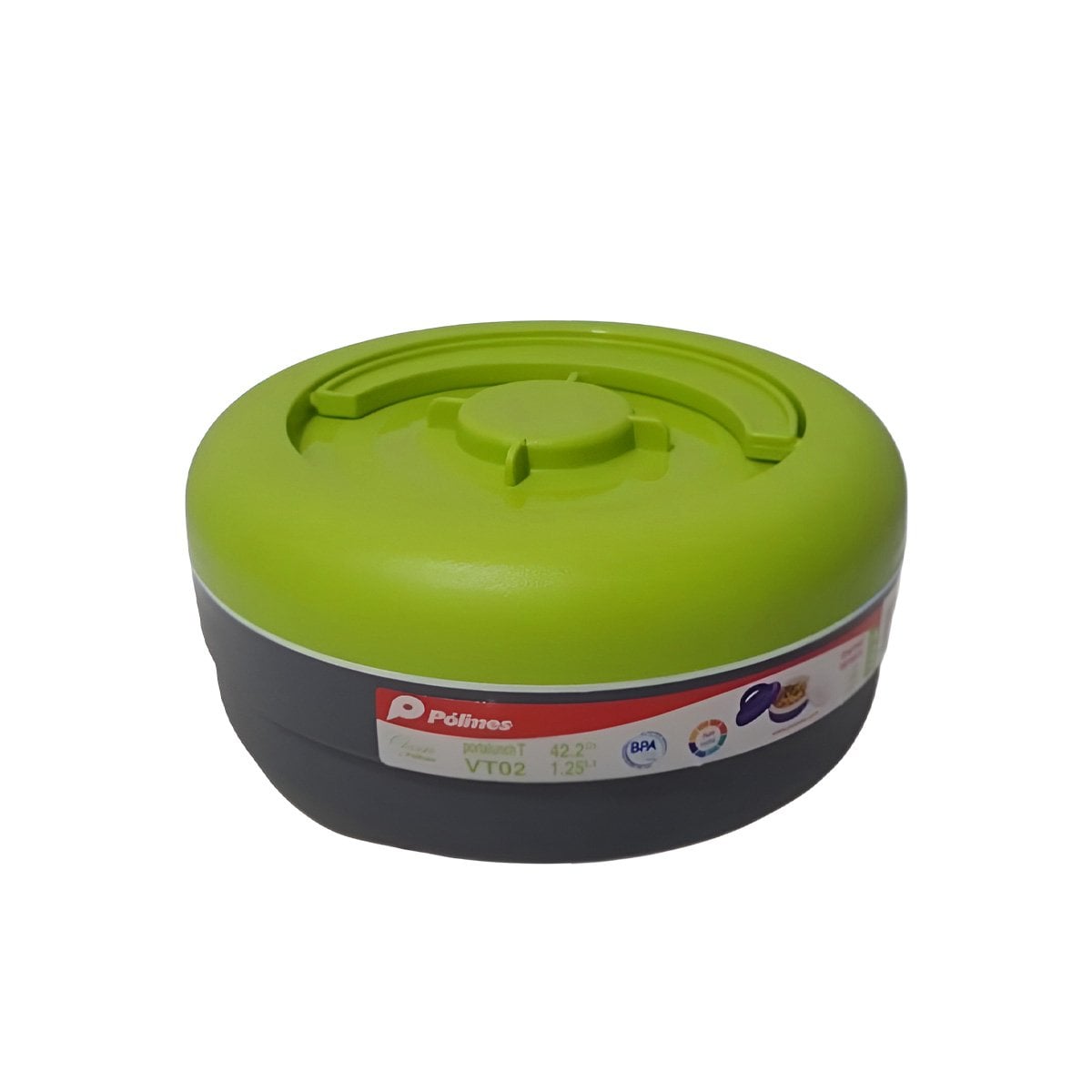 ENVASE CIRCULAR TERMICO PARA TRANSPORTE DE COMIDAS 1.25L VERDE CLARO Y PLOMO YREGALO STICKER - 1