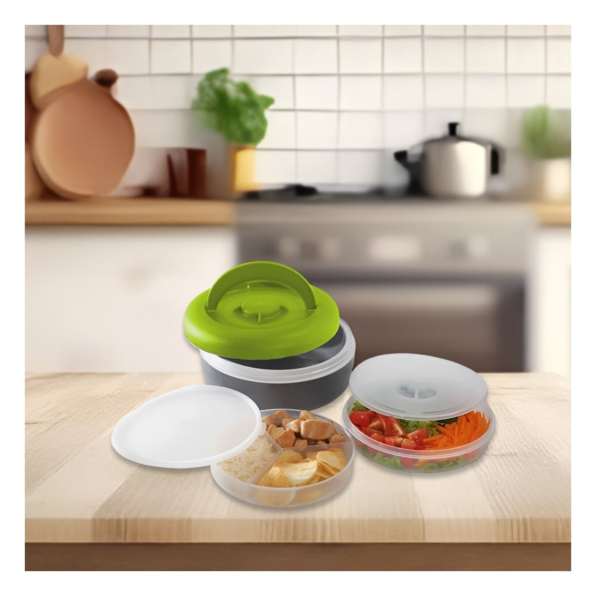 PACK4 CONTENEDOR DE COMIDA PORTATIL 1.25L VERDE CLARO Y PLOMO YREGALO STICKER - 5