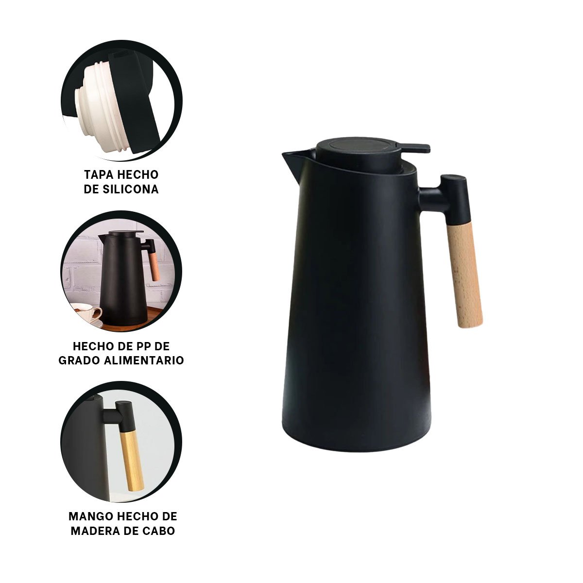 CONTENEDOR TERMO 1L COLOR NEGRO CON MANGO DE MADERA RESISTENTE PARA USO DIARIO YPOST IT - 5