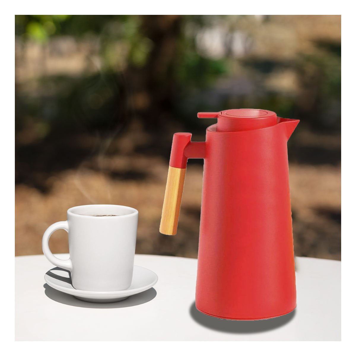 BOTELLA TERMO 1L COLOR ROJO CON MANGO DE MADERA PERFECTA PARA BEBIDAS CALIENTES YPAPEL REGALO - 2