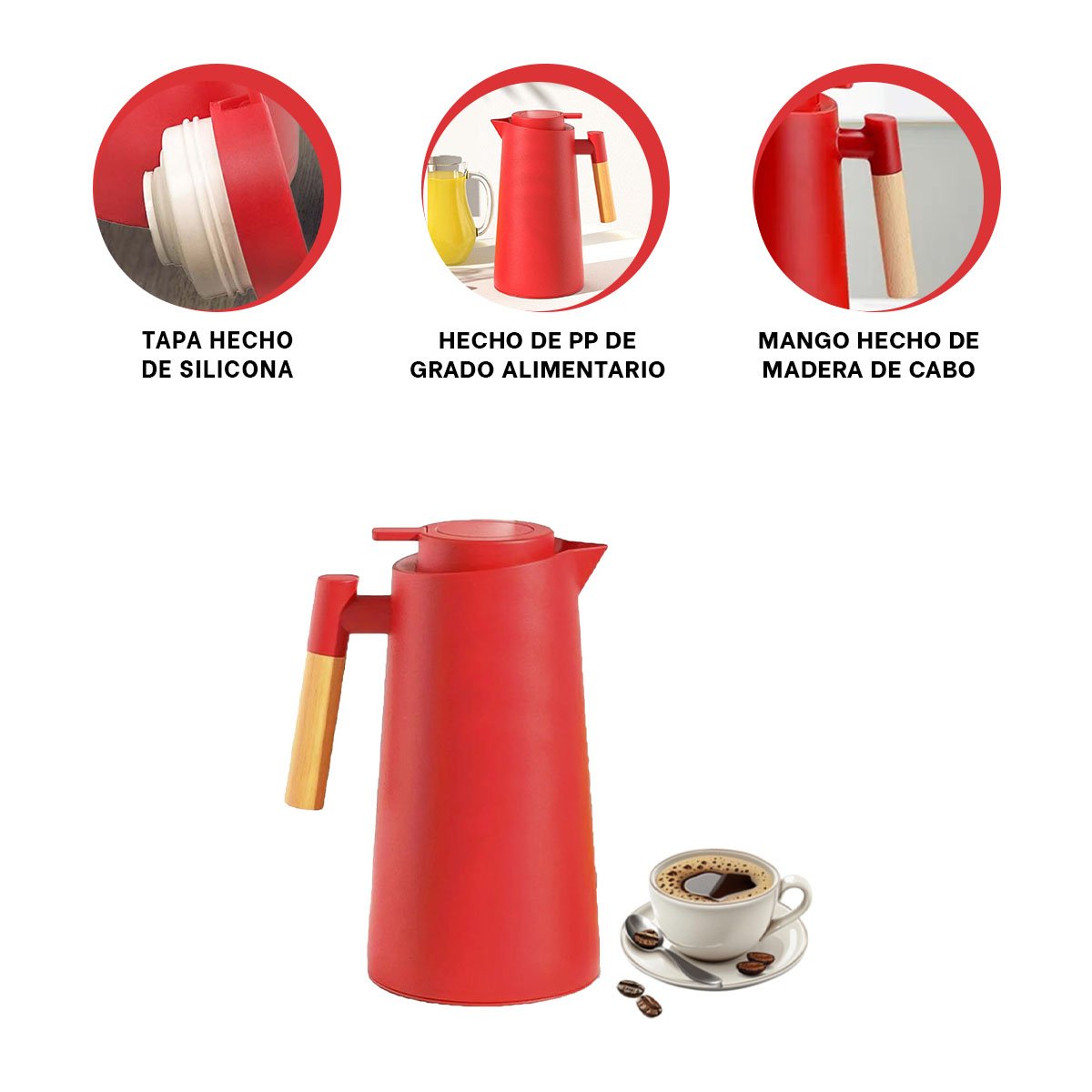 BOTELLA TERMO 1L COLOR ROJO CON MANGO DE MADERA PERFECTA PARA BEBIDAS CALIENTES YPAPEL REGALO - 5