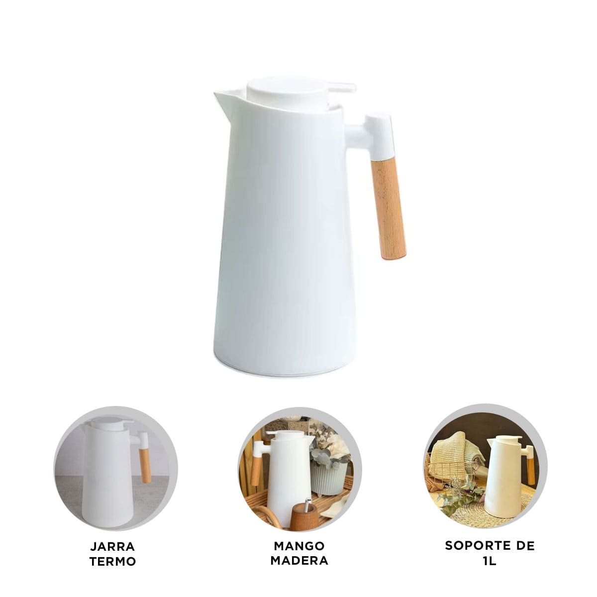 CONTENEDOR TERMO 1L COLOR BLANCO CON MANGO DE MADERA RESISTENTE PARA USO DIARIO YPOST IT - 5