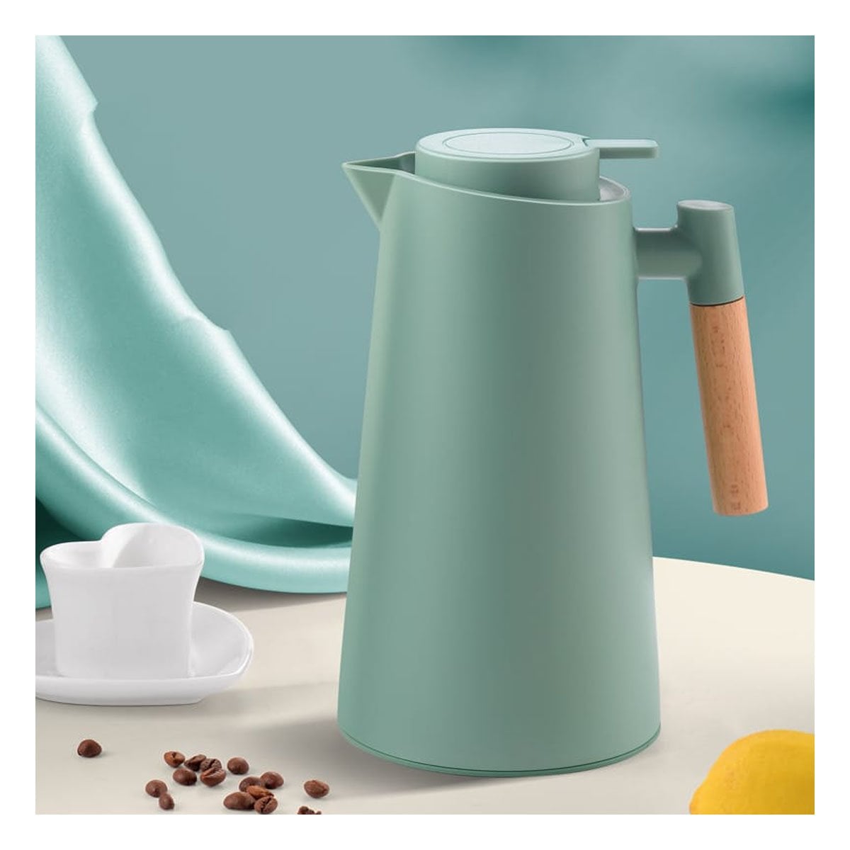 JARRA TERMO 1L COLOR VERDE AGUA CON MANGO DE MADERA COMODA Y PRACTICA PARA OFICINA - 1