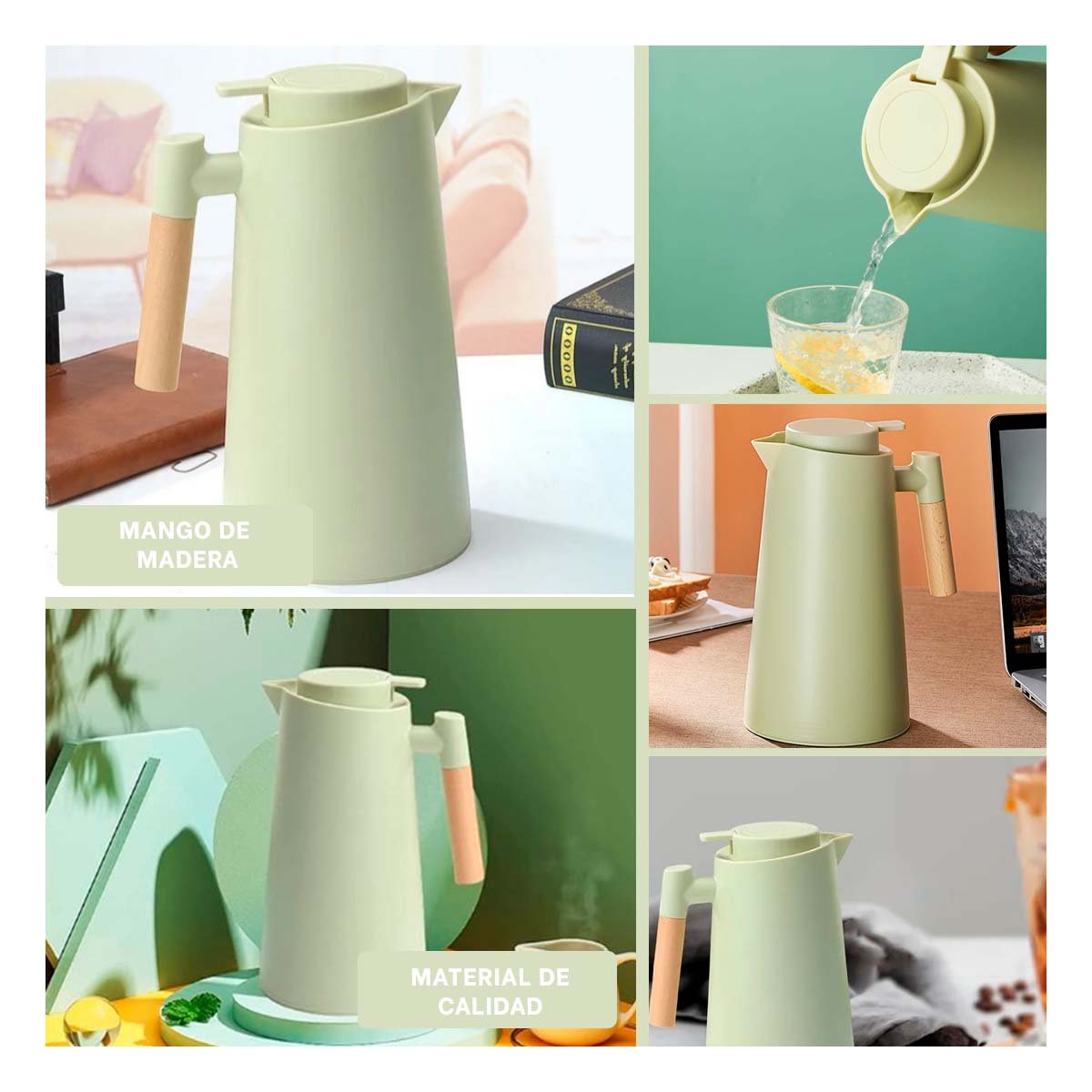 BOTELLA TERMO 1L VERDE CLARO CON MANGO DE MADERA ELEGANTE Y FUNCIONAL PARA HOGAR YPAPEL REGALO - 3