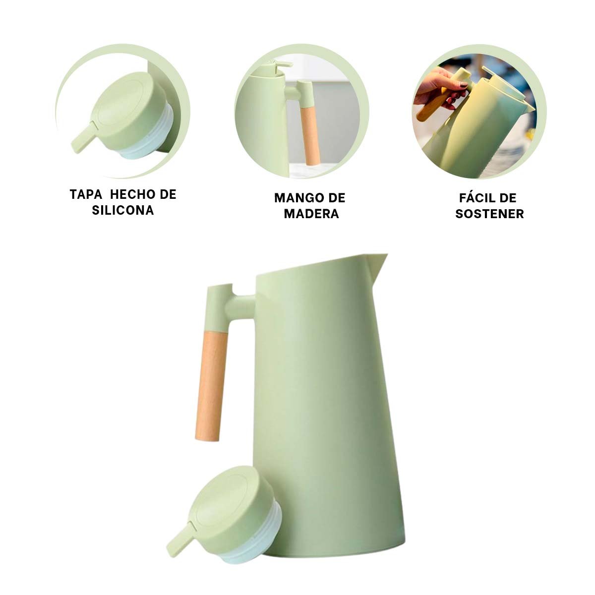 BOTELLA TERMO 1L VERDE CLARO CON MANGO DE MADERA ELEGANTE Y FUNCIONAL PARA HOGAR YPAPEL REGALO - 5