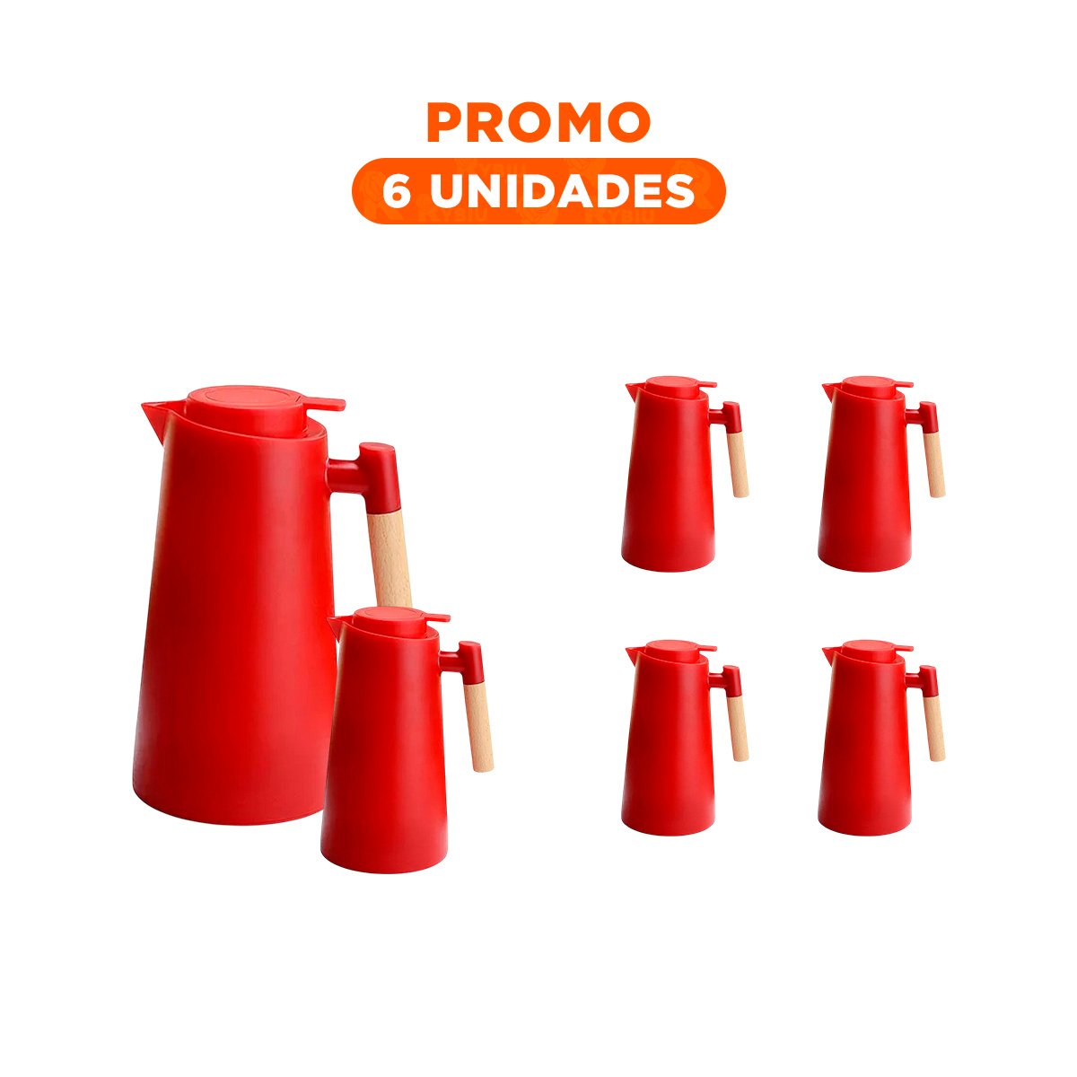 PACK6 RECIPIENTE TERMO 1L COLOR ROJO CON MANGO DE MADERA CON DISENO MODERNO YREGALO STICKER - 1