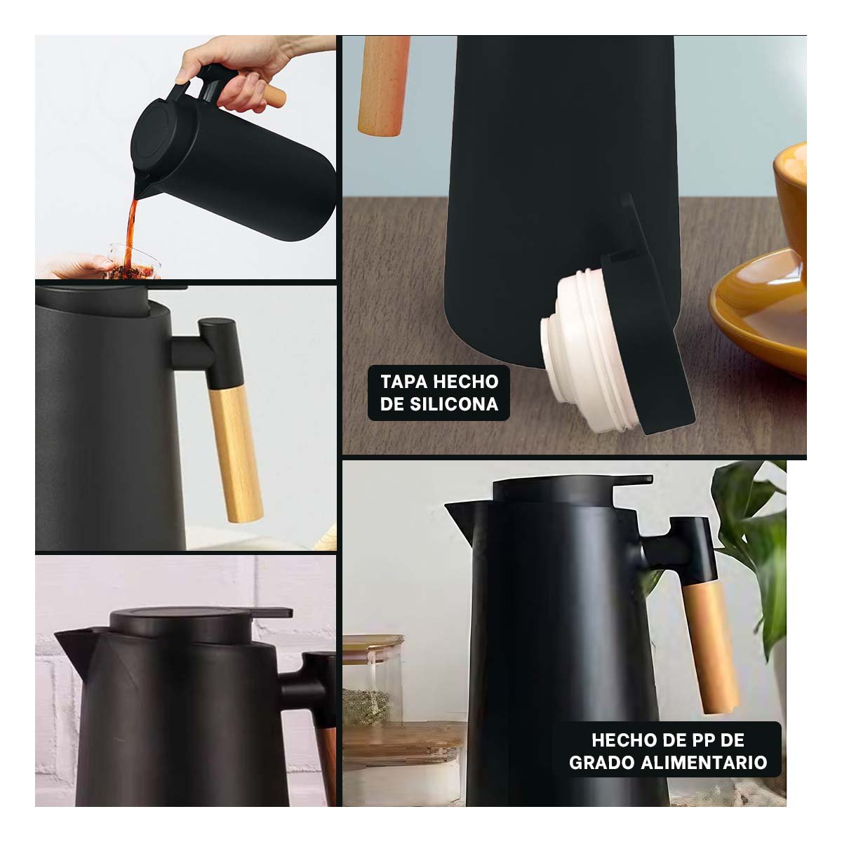BOTELLA TERMO 1L COLOR NEGRO CON MANGO DE MADERA PERFECTA PARA BEBIDAS CALIENTES YPAPEL REGALO - 3