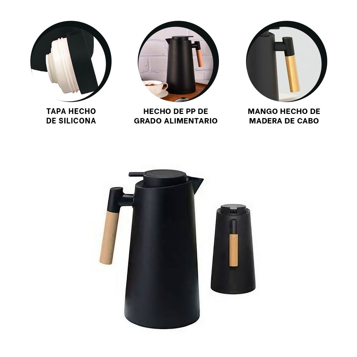 BOTELLA TERMO 1L COLOR NEGRO CON MANGO DE MADERA PERFECTA PARA BEBIDAS CALIENTES YPAPEL REGALO - 5