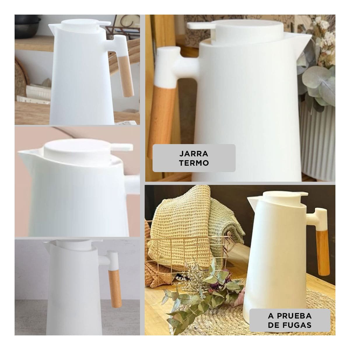 PACK6 ENVASE TERMO 1L COLOR BLANCO CON MANGO DE MADERA PRACTICO PARA USO DIARIO YPAPEL REGALO - 3