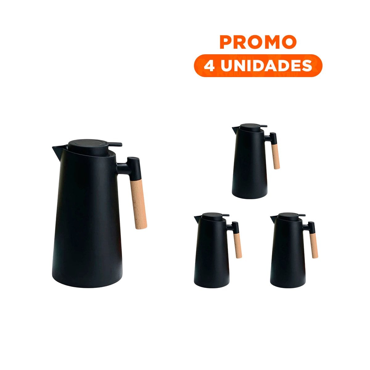 PACK4 JARRA TERMO 1L COLOR NEGRO CON MANGO DE MADERA COMPACTO Y FACIL DE TRANSPORTAR - 1