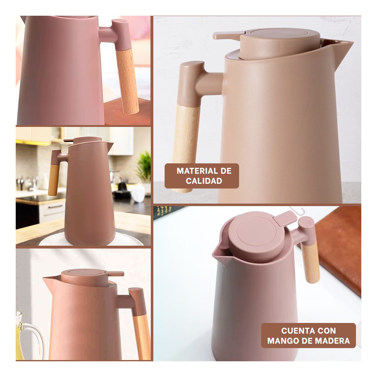 PACK6 ENVASE TERMO 1L MARRON CLARO CON MANGO DE MADERA PARA HOGAR Y COCINA YPAPEL REGALO - 3