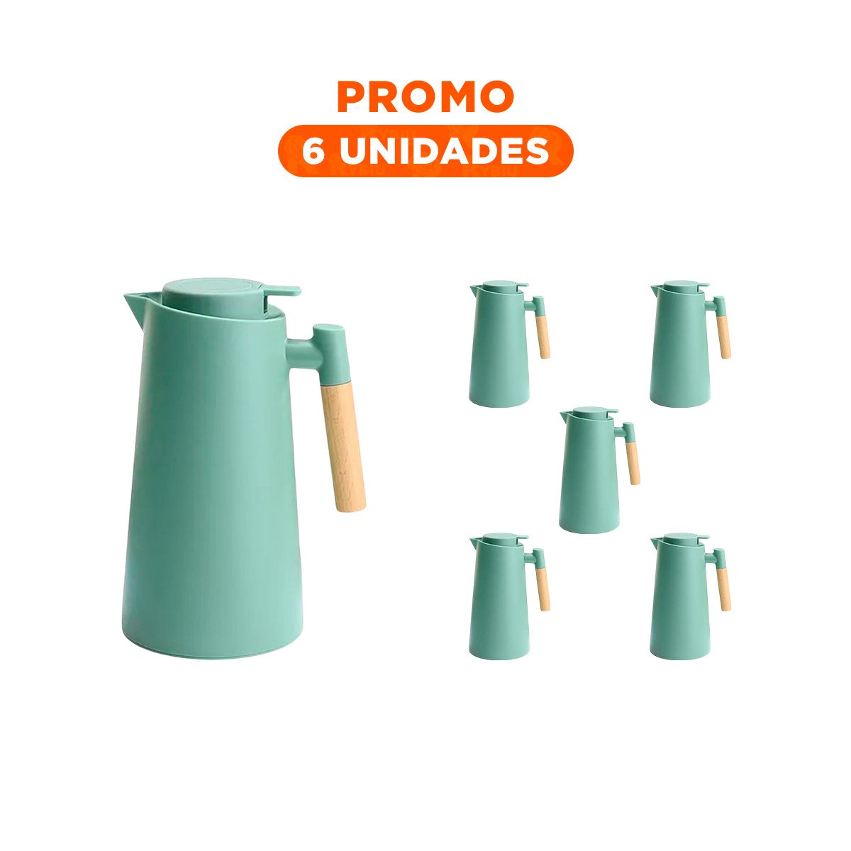 PACK6 RECIPIENTE TERMO 1L VERDE AGUA CON MANGO DE MADERA FACIL DE USAR YREGALO STICKER - 1