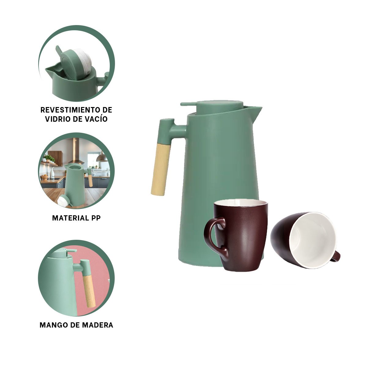 CONTENEDOR TERMO 1L VERDE AGUA CON MANGO DE MADERA SEGURO Y RESISTENTE PARA COCINA YPOST IT - 5