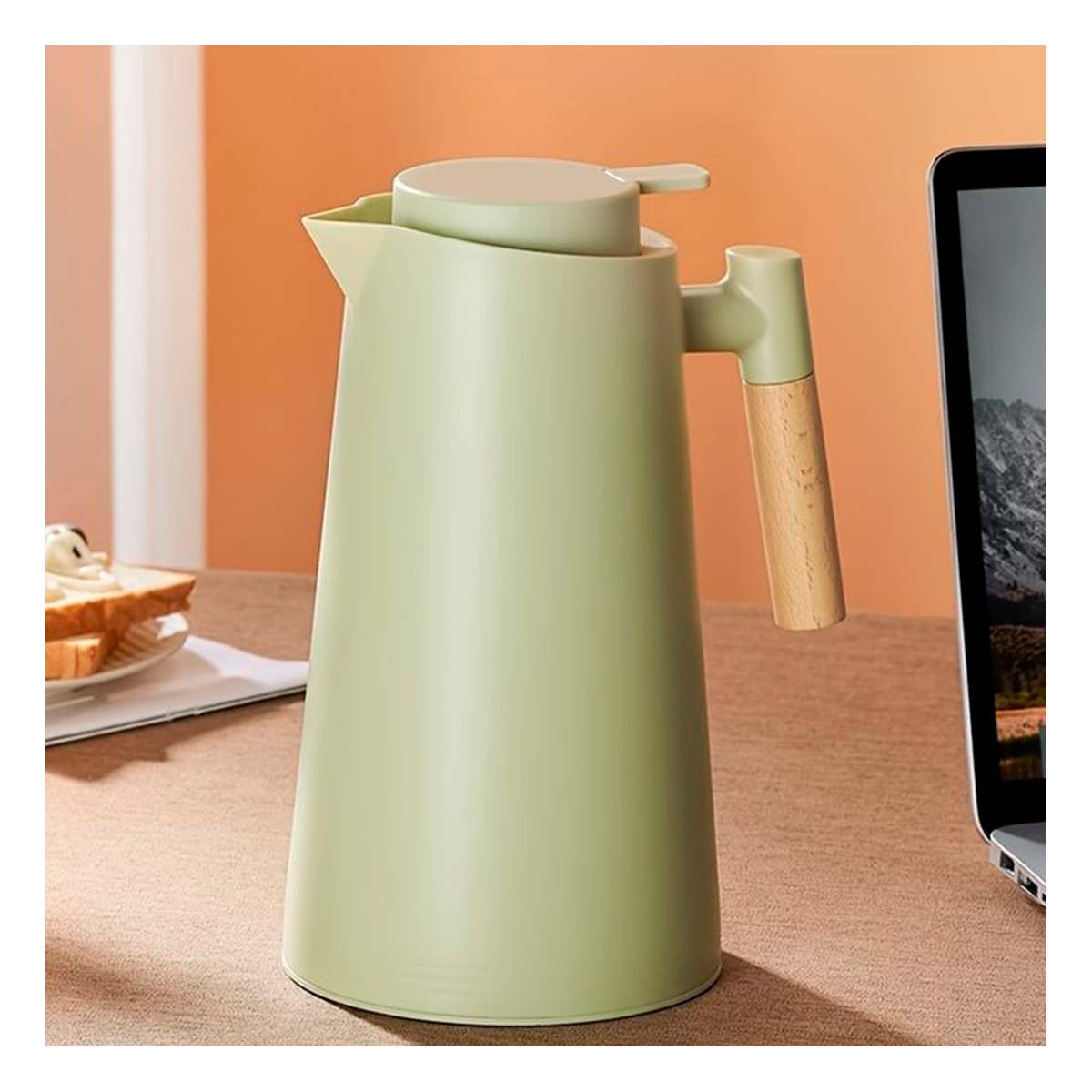 ENVASE TERMO 1L VERDE CLARO CON MANGO DE MADERA PERFECTO PARA CAFE Y TE DIARIO YREGALO STICKER - 3