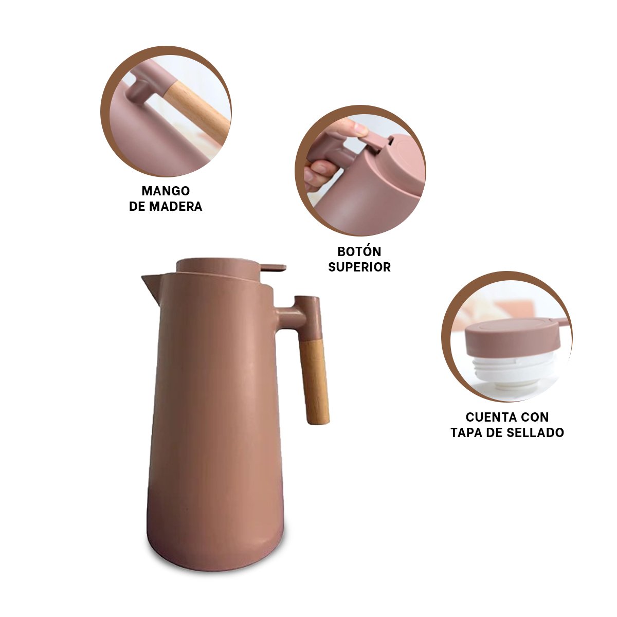 CONTENEDOR TERMO 1L MARRON CLARO CON MANGO DE MADERA SEGURO Y RESISTENTE PARA COCINA YPOST IT - 5