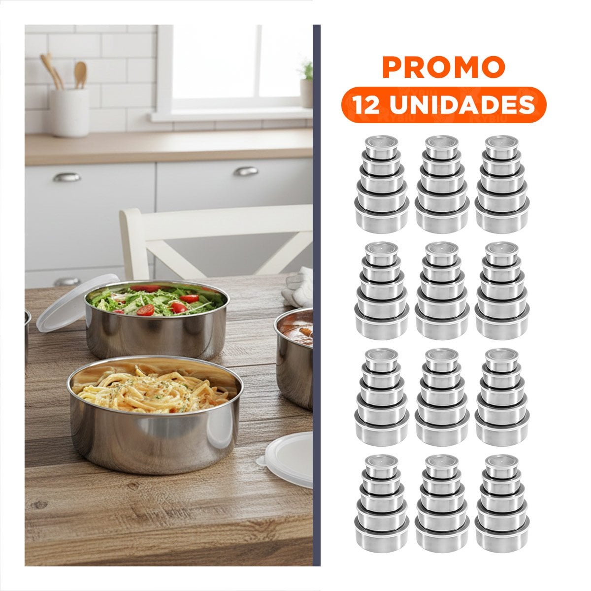PACK12 MODULO DE ACERO CON TAPA DE PLASTICO PARA GUARDAR COMIDA - 1