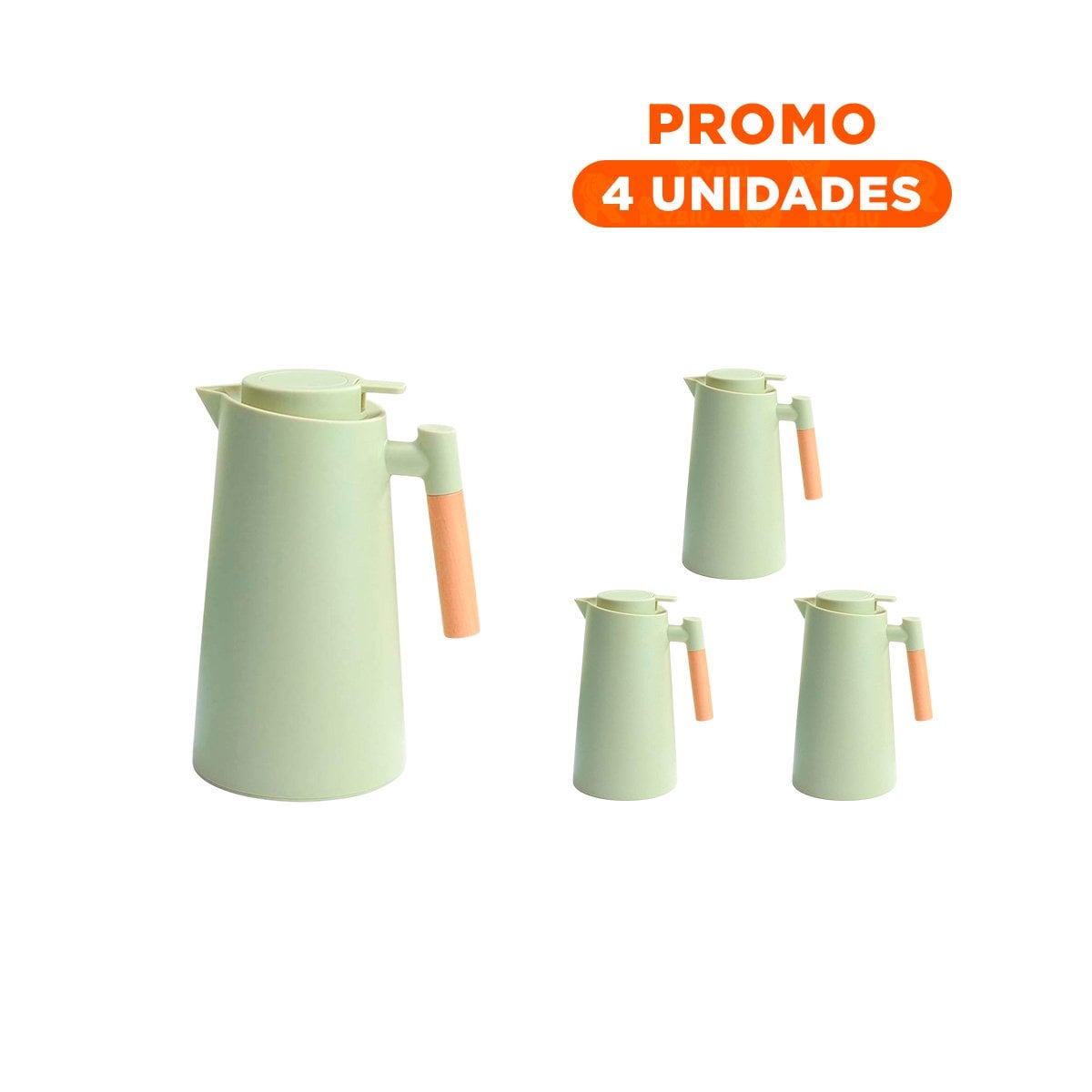 PACK4 RECIPIENTE TERMO 1L COLOR VERDE CLARO CON MANGO DE MADERA FACIL DE TRANSPORTAR Y USAR - 1