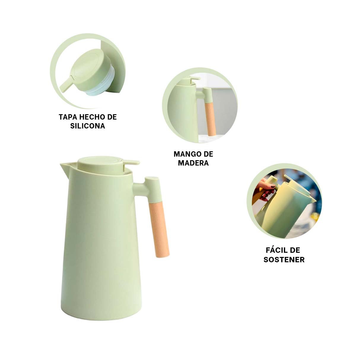 CONTENEDOR TERMO 1L VERDE CLARO CON MANGO DE MADERA SEGURO Y RESISTENTE PARA COCINA YPOST IT - 5