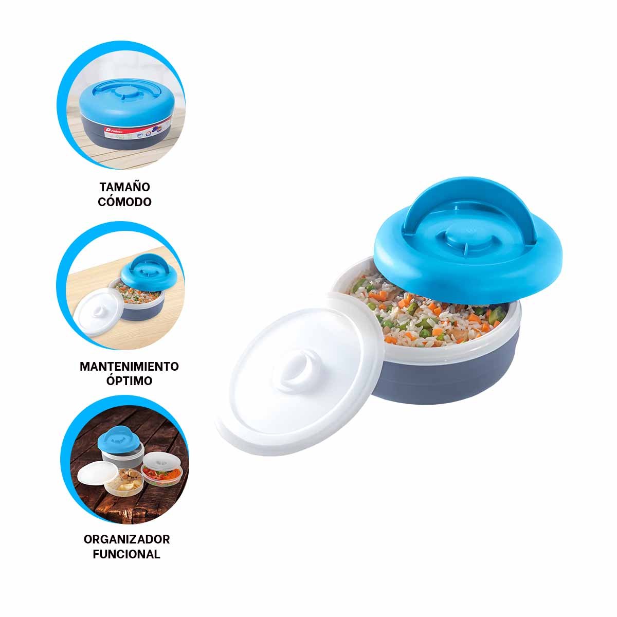 RECIPIENTE TERMICO CIRCULAR 1.25L CELESTE Y PLOMO PRACTICO PARA LLEVAR YPAPEL REGALO - 5
