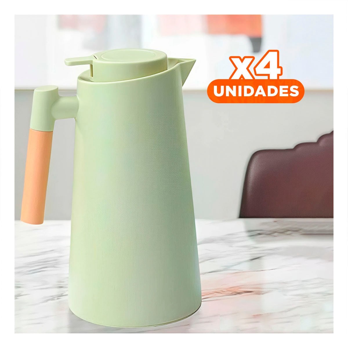 PACK4 JARRA TERMO 1L VERDE CLARO CON MANGO DE MADERA IDEAL PARA CAFE DIARIO YREGALO STICKER - 1