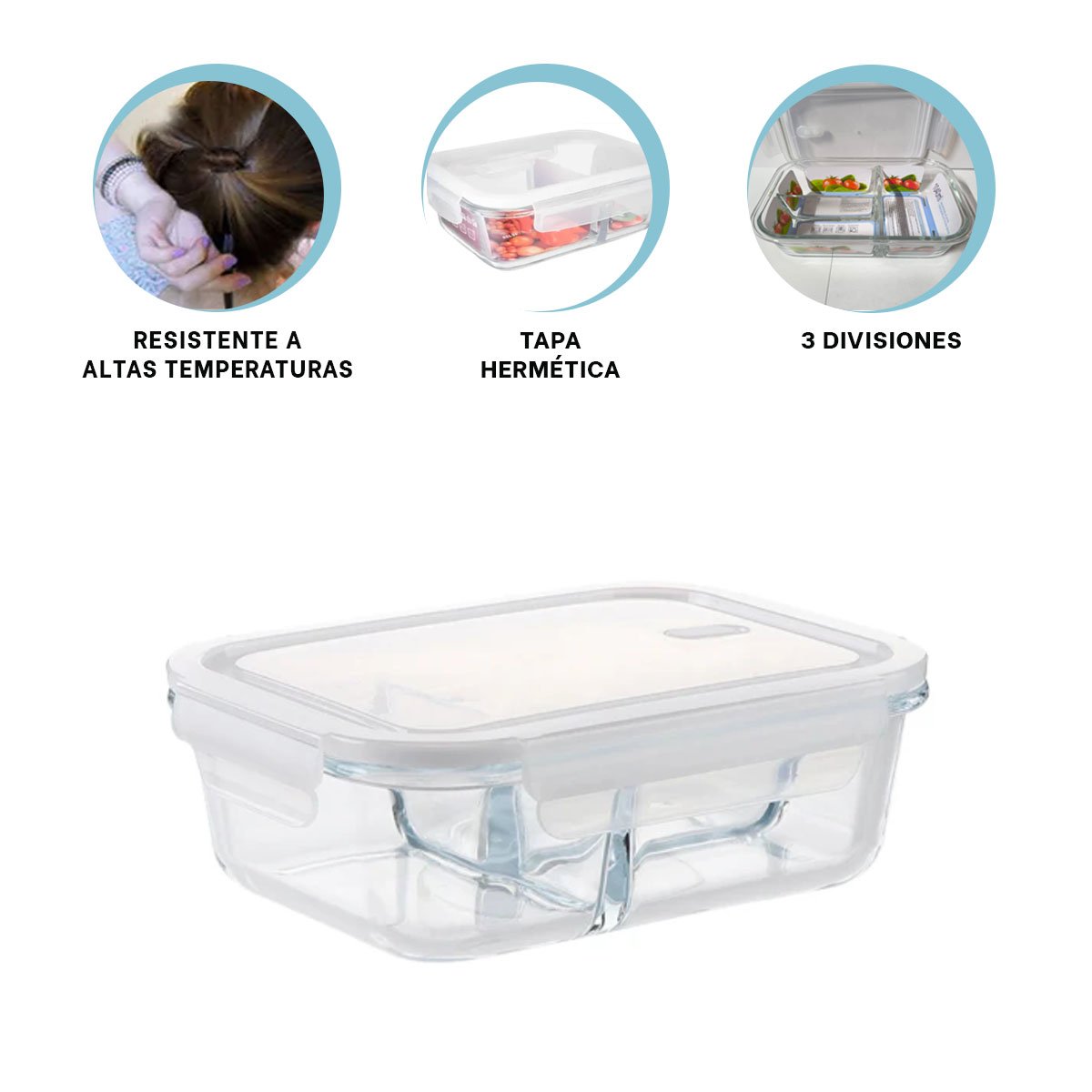RECIPIENTE DE VIDRIO 1040ML TRANSPARENTE CON TAPA HERMETICA 3 DIVISIONES YPAPEL REGALO - 5