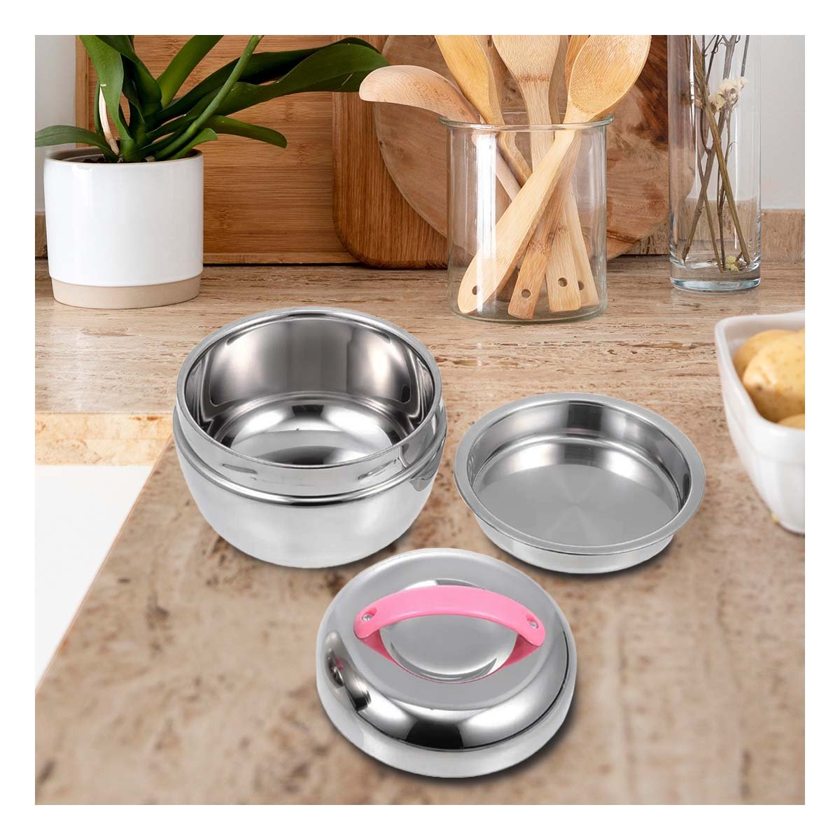 PACK6 ENVASE TERMO ROSA Y PLOMO CIRCULAR PERFECTO PARA LLEVAR COMIDAS AL TRABAJO YPAPEL REGALO - 5