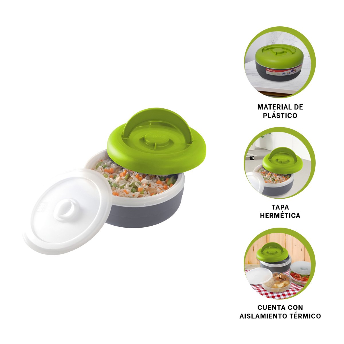 RECIPIENTE TERMICO CON TAPA AJUSTADA 1.25L VERDE CLARO Y PLOMO YPAPEL REGALO - 5